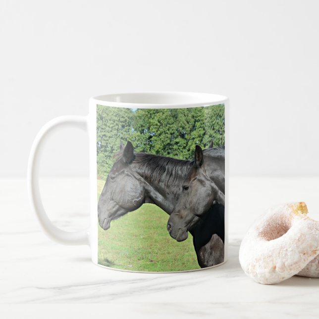 Black Horse Heads Peaceful Dual‑Side Design Coffee Mug (With Donut)