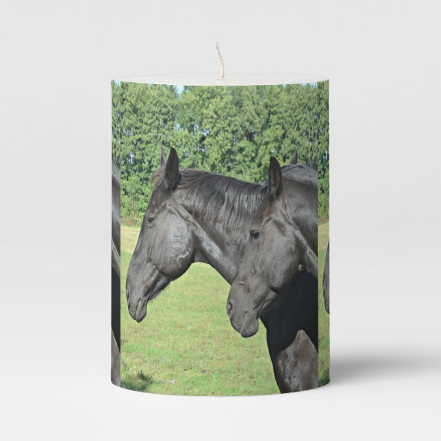Black Horse Heads Triple‑Panel Wrap Pillar Candle (Front)