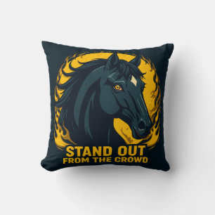 Black Horse Illustration with Fiery Design Throw Pillow