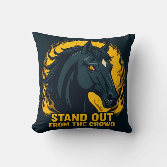 Black Horse Illustration with Fiery Design Throw Pillow (Front)