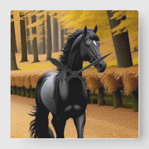 Black Horse in a Scenic Autumn Forest Path Square Wall Clock