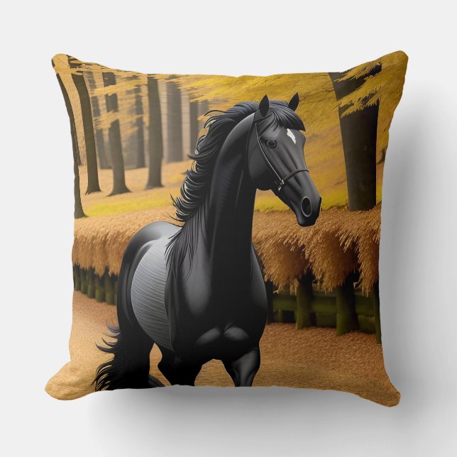 Black Horse in a Scenic Autumn Forest Path Throw Pillow (Front)