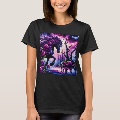 Black Horse in a Surreal Desolate Forest T_Shirt