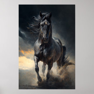 Black Horse in Storm Clouds and Golden Light Poster