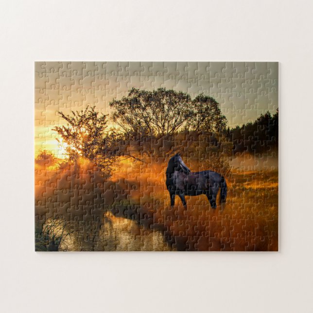 Black horse in sunrise field jigsaw puzzle (Horizontal)
