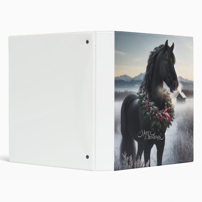 Black horse in the snow with Christmas wreath  3 Ring Binder (Background)