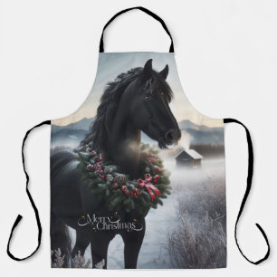 Black horse in the snow with Christmas wreath Apron