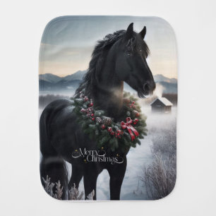 Black horse in the snow with Christmas wreath Baby Burp Cloth