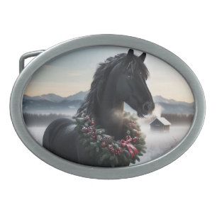 Black horse in the snow with Christmas wreath  Belt Buckle