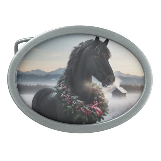 Black horse in the snow with Christmas wreath  Belt Buckle (Front)