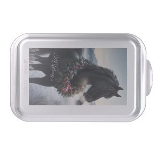Black horse in the snow with Christmas wreath Cake Pan