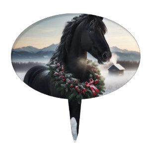 Black horse in the snow with Christmas wreath  Cake Topper