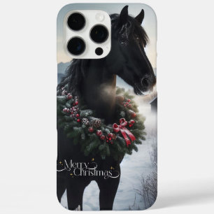 Black horse in the snow with Christmas wreath iPhone 16 Pro Max Case