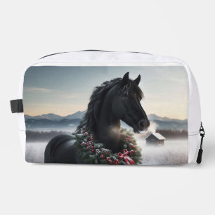 Black horse in the snow with Christmas wreath Dopp Kit
