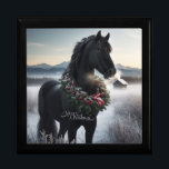 Black horse in the snow with Christmas wreath  Gift Box<br><div class="desc">.</div>