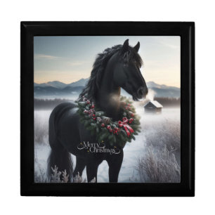 Black horse in the snow with Christmas wreath  Gift Box
