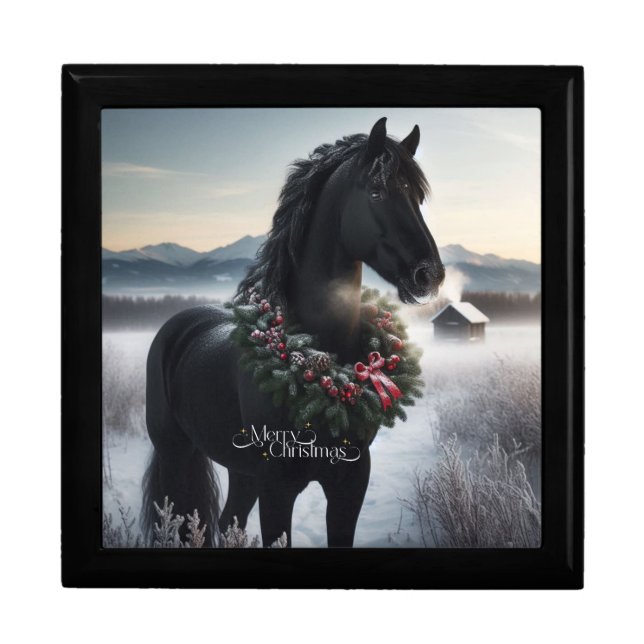 Black horse in the snow with Christmas wreath  Gift Box (Front)