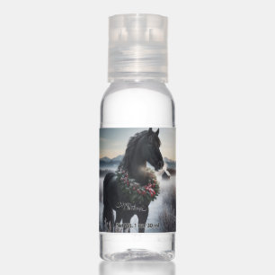 Black horse in the snow with Christmas wreath Hand Sanitizer