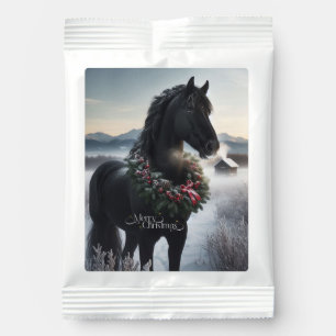 Black horse in the snow with Christmas wreath Hot Chocolate Drink Mix