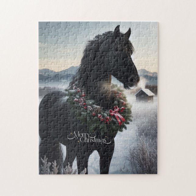 Black horse in the snow with Christmas wreath  Jigsaw Puzzle (Vertical)