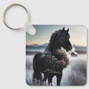 Black horse in the snow with Christmas wreath Keychain