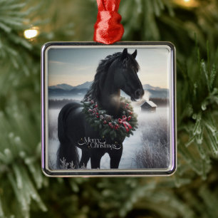 Black horse in the snow with Christmas wreath Metal Ornament