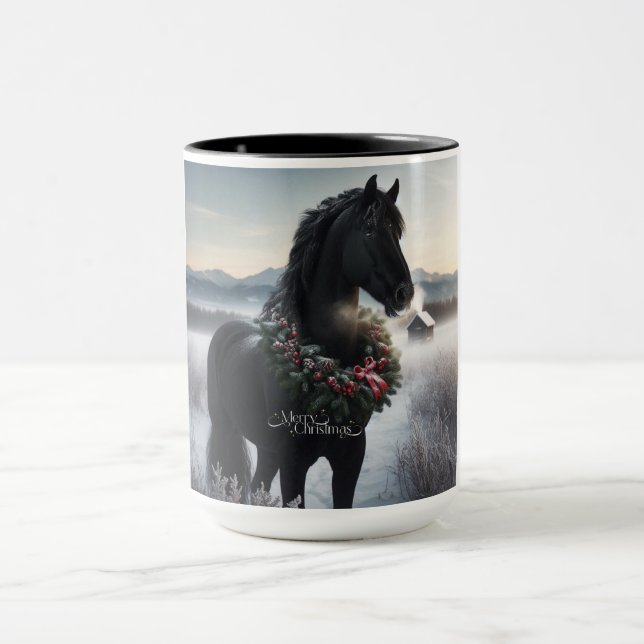 Black horse in the snow with Christmas wreath  Mug (Center)