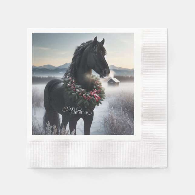 Black horse in the snow with Christmas wreath  Napkins (Front)
