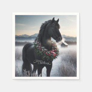 Black horse in the snow with Christmas wreath  Napkins