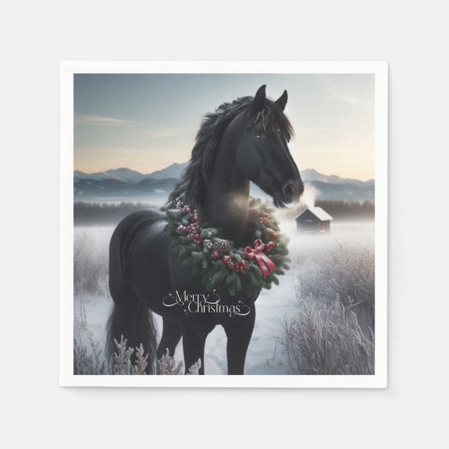 Black horse in the snow with Christmas wreath  Napkins (Front)