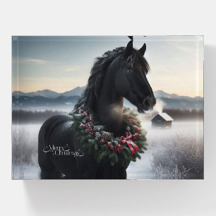 Black horse in the snow with Christmas wreath Paperweight