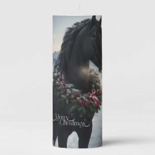 Black horse in the snow with Christmas wreath Pillar Candle