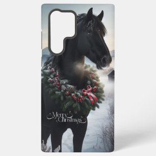 Black horse in the snow with Christmas wreath Samsung Galaxy S22 Ultra Case