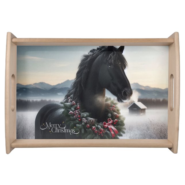 Black horse in the snow with Christmas wreath  Serving Tray (Front)
