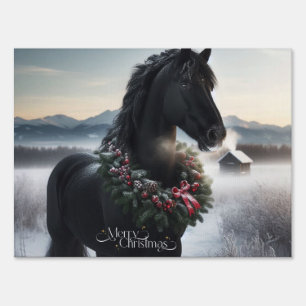 Black horse in the snow with Christmas wreath Sign