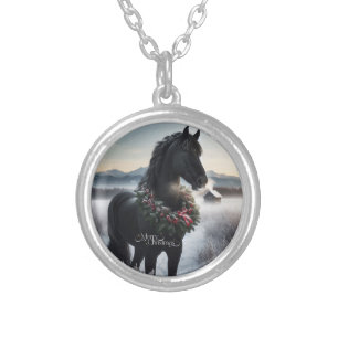 Black horse in the snow with Christmas wreath Silver Plated Necklace