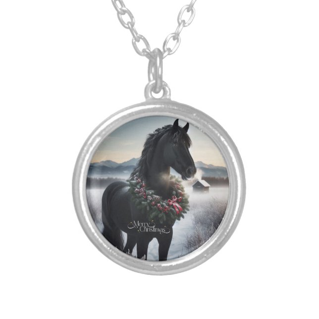 Black horse in the snow with Christmas wreath  Silver Plated Necklace (Front)