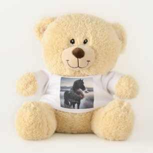 Black horse in the snow with Christmas wreath Teddy Bear