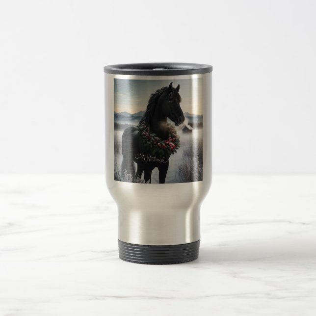 Black horse in the snow with Christmas wreath  Travel Mug (Center)