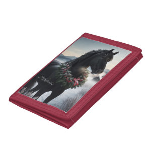 Black horse in the snow with Christmas wreath Tri-fold Wallet