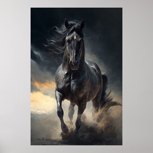 Black Horse in the storm Painting Poster