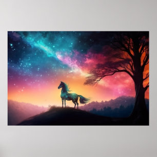 Black Horse in Vibrant Mountain Landscape Poster