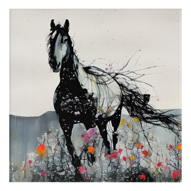 Black Horse in Wildflowers Acrylic Print (Front)