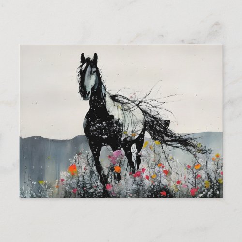 Black Horse in Wildflowers Postcard