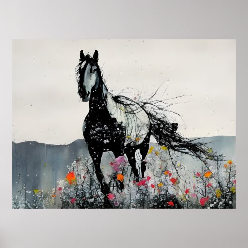 Black Horse in Wildflowers Poster