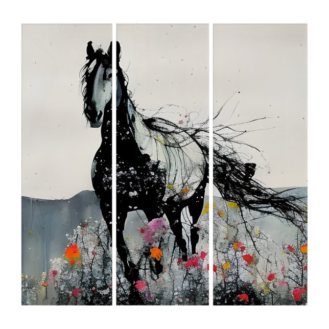 Black Horse in Wildflowers Triptych (Front)