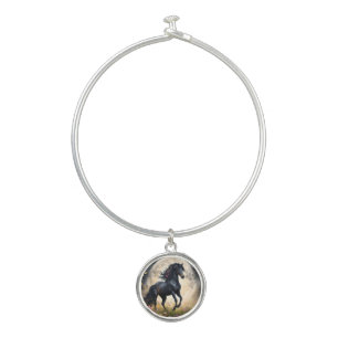 Black Horse Moon Flower Field, Bangle Bracelet
