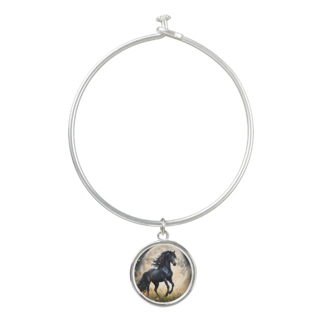 Black Horse Moon Flower Field, Bangle Bracelet (Front)
