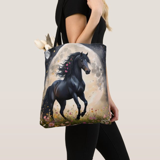 Black Horse Moon Flower Field, Tote Bag (Close Up)
