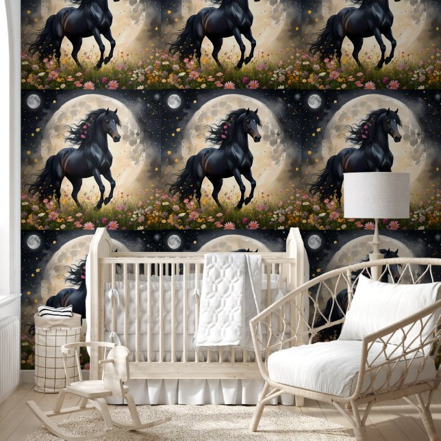 Black Horse Moon Flowers,  Wallpaper (Kids)